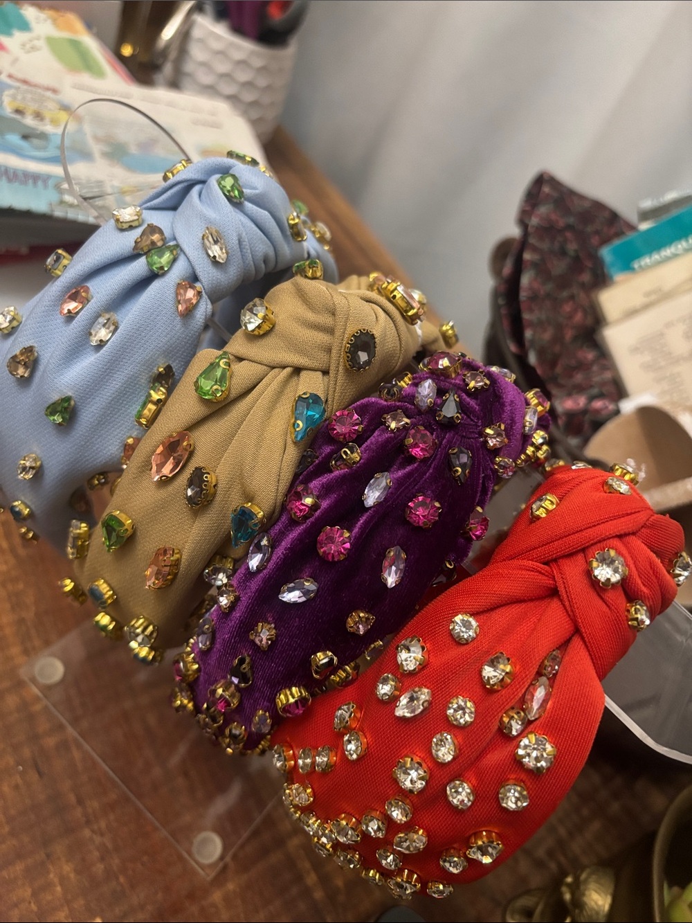 Sparkling Jeweled Knotted Headbands - Blue, Tan, Purple, Orange